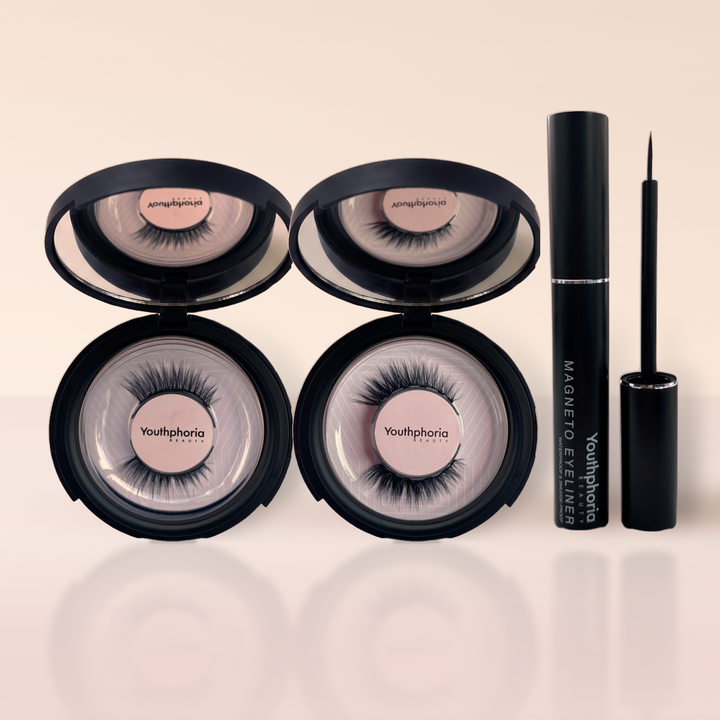 Accent Kit: Pixie and Trixie 6-magnet lashes in open mirror compacts with Magneto eyeliner
