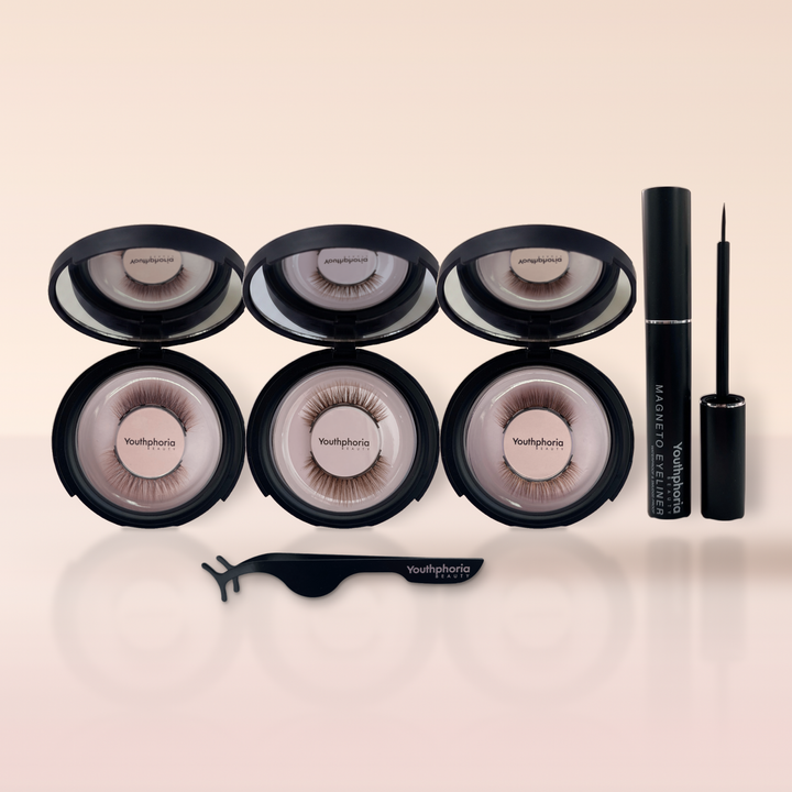 Triple Brown Magnetic Lash Kit: Ariel, Lucinda and Serena brown 6-magnet lashes in open mirror compacts with magnetic eyeliner and lash applicator