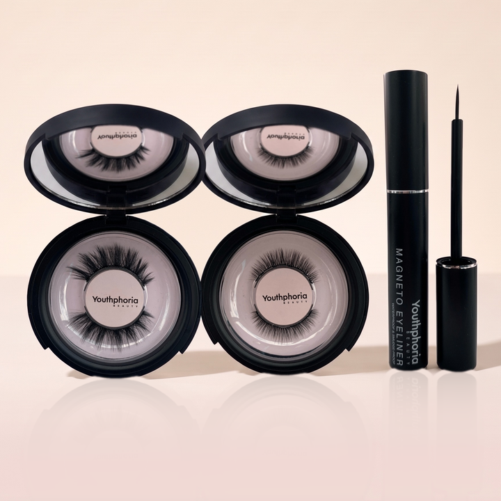 Youthphoria Double Magnetic Eyelashes and Liner Kit: two open mirror compacts with two lash styles and the Magneto magnetic eyeliner
