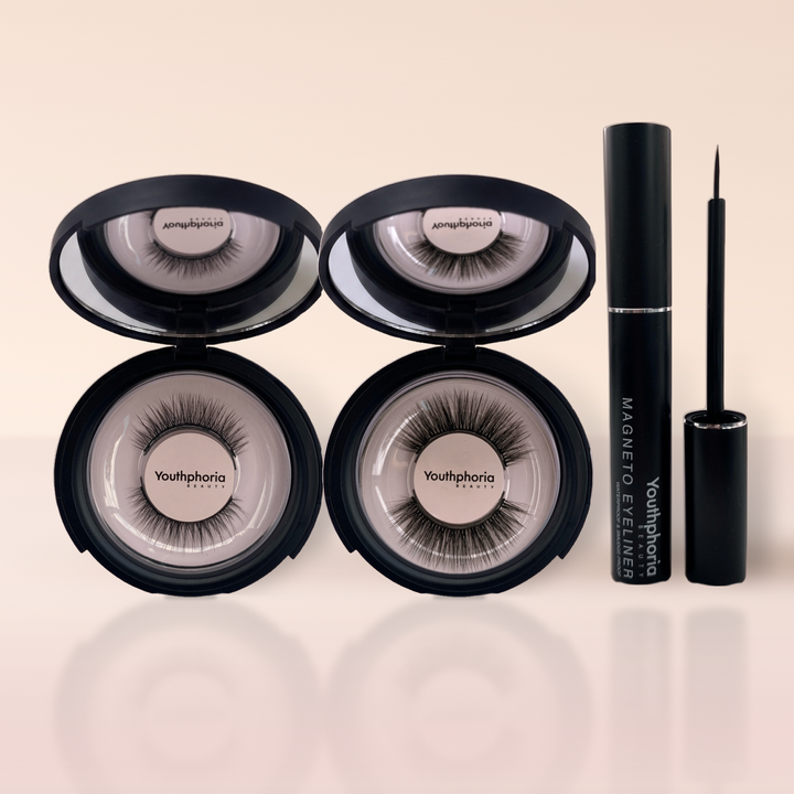 Dynamic Duo Kit: Ariel and Rapunzel 6-magnet lashes in open mirror compacts with Magneto eyeliner