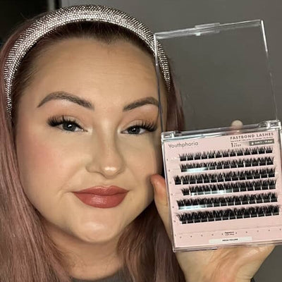 Megavolume Fastbond Press-on Cluster Lashes Portrait with product - Youthphoria Australia