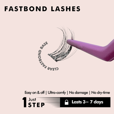 Advertisement for Fastbond Lashes with a hand holding lashes and product details on a beige background.