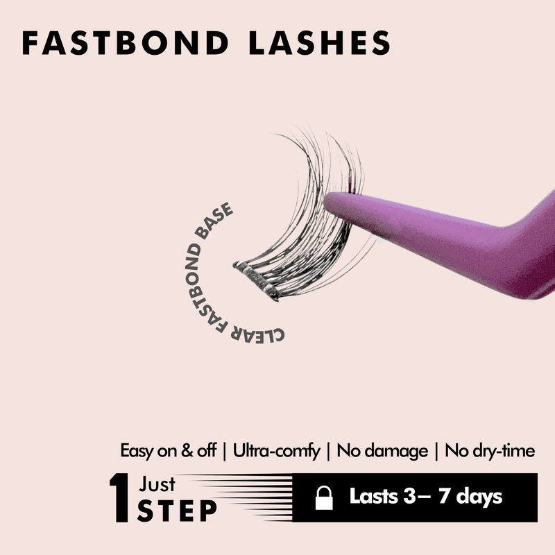 Advertisement for Fastbond Lashes with a hand holding lashes and product details on a beige background.