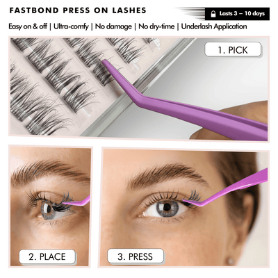 Instructions for applying false  eyelashes with a tool, showing steps for the fastbond press on lashes and product details.