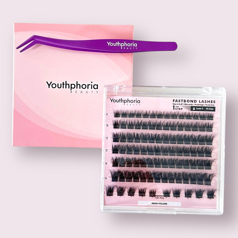 Eyelash extension kit with pink box and purple tweezers labeled &