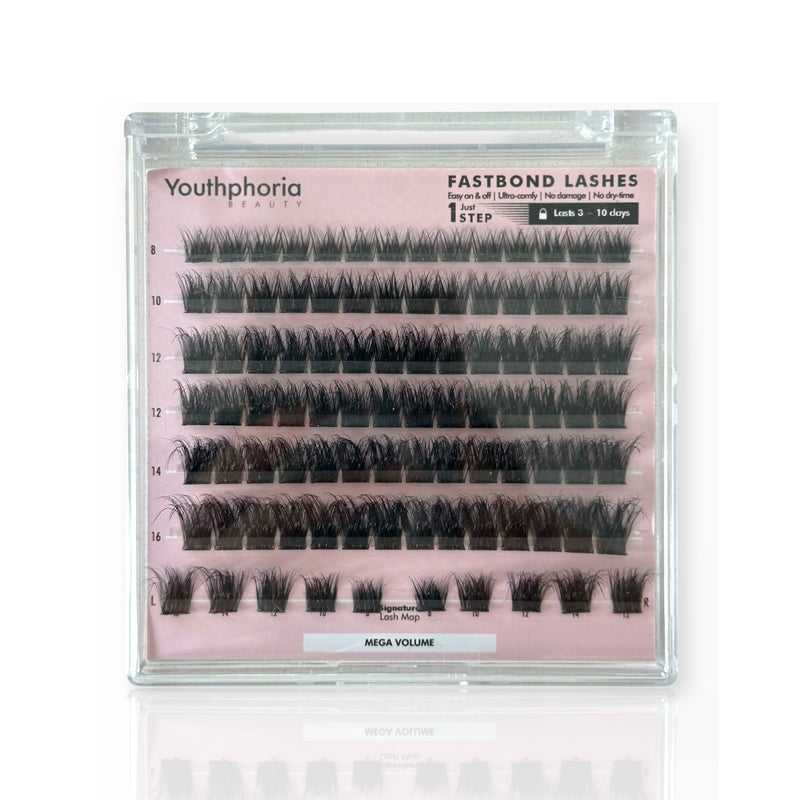 Eyelash packaging with multiple pairs of false eyelashes on a pink background, branded as Youthphoria.