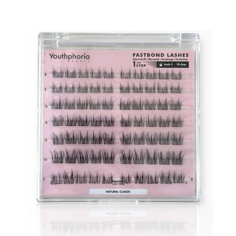 Set of false eyelashes in a clear packaging with pink background