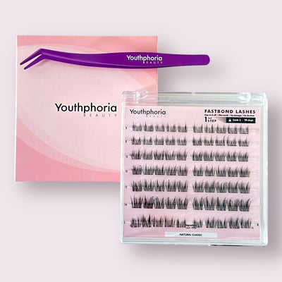 Eyelash set with box and tweezers labeled 'Youthphoria' on a light pink background