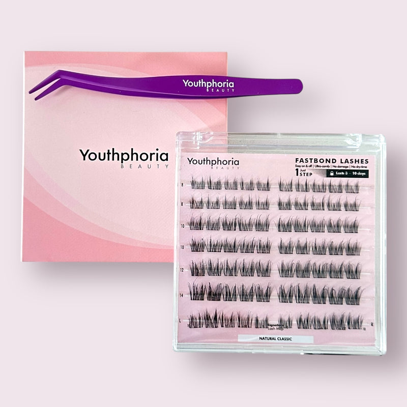 Eyelash set with box and tweezers labeled &