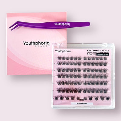 Eyelash packaging with pink box and clear case labeled 'Youthphoria Beauty' on a light gray background.