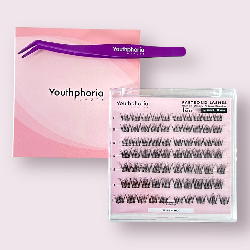 Eyelash set with tweezers and packaging labeled &