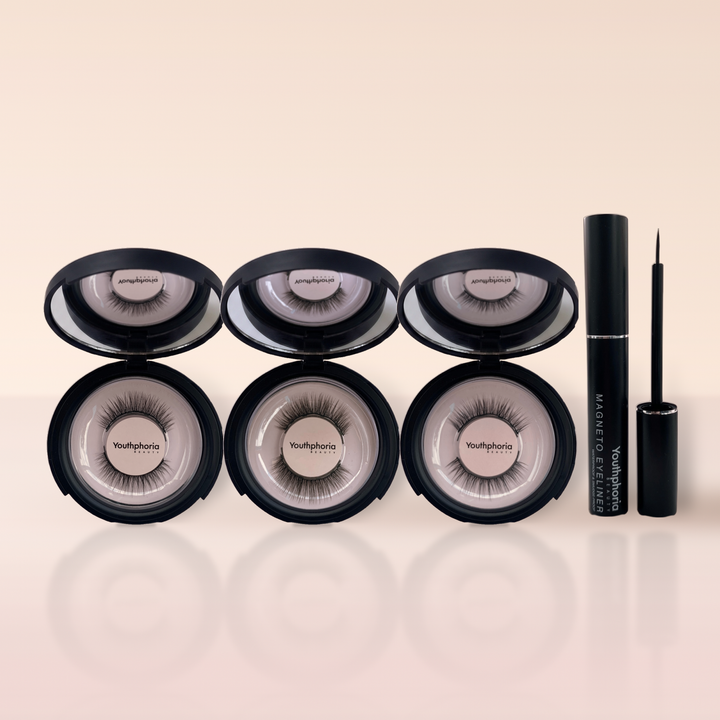 Classic Beauty Kit: Ariel, Cinderella and Jasmine 6-magnet lashes in open mirror compacts with Magneto eyeliner