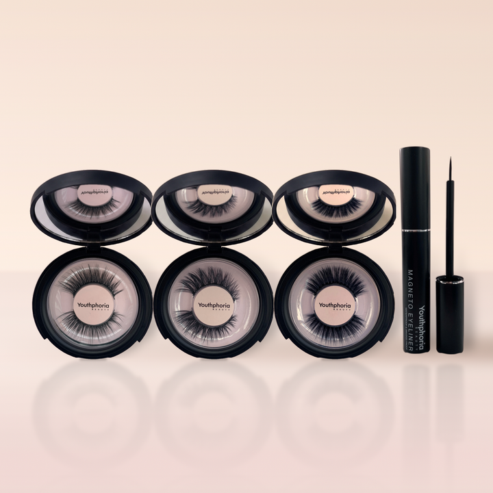 Glamour Beauty Kit: Mulan, Tiana and Tiger Lily 6-magnet lashes in open mirror compacts with Magneto eyeliner