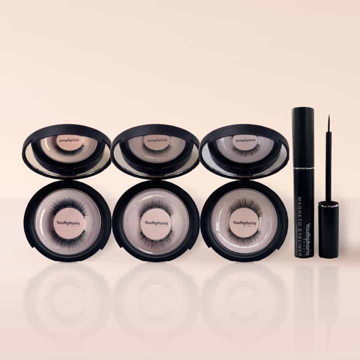 Short and Sweet Kit: Celestial, Merida and Serena 6-magnet lashes in open mirror compacts with Magneto eyeliner