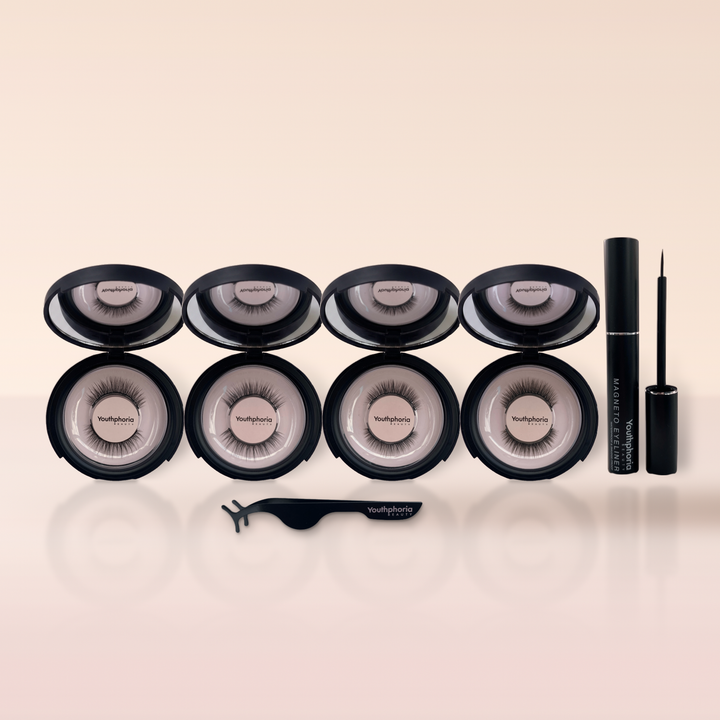 Natural Elegance Kit: Ariel, Jasmine, Serena and Lucinda 6-magnet lashes in open mirror compacts with Magneto eyeliner and lash applicator